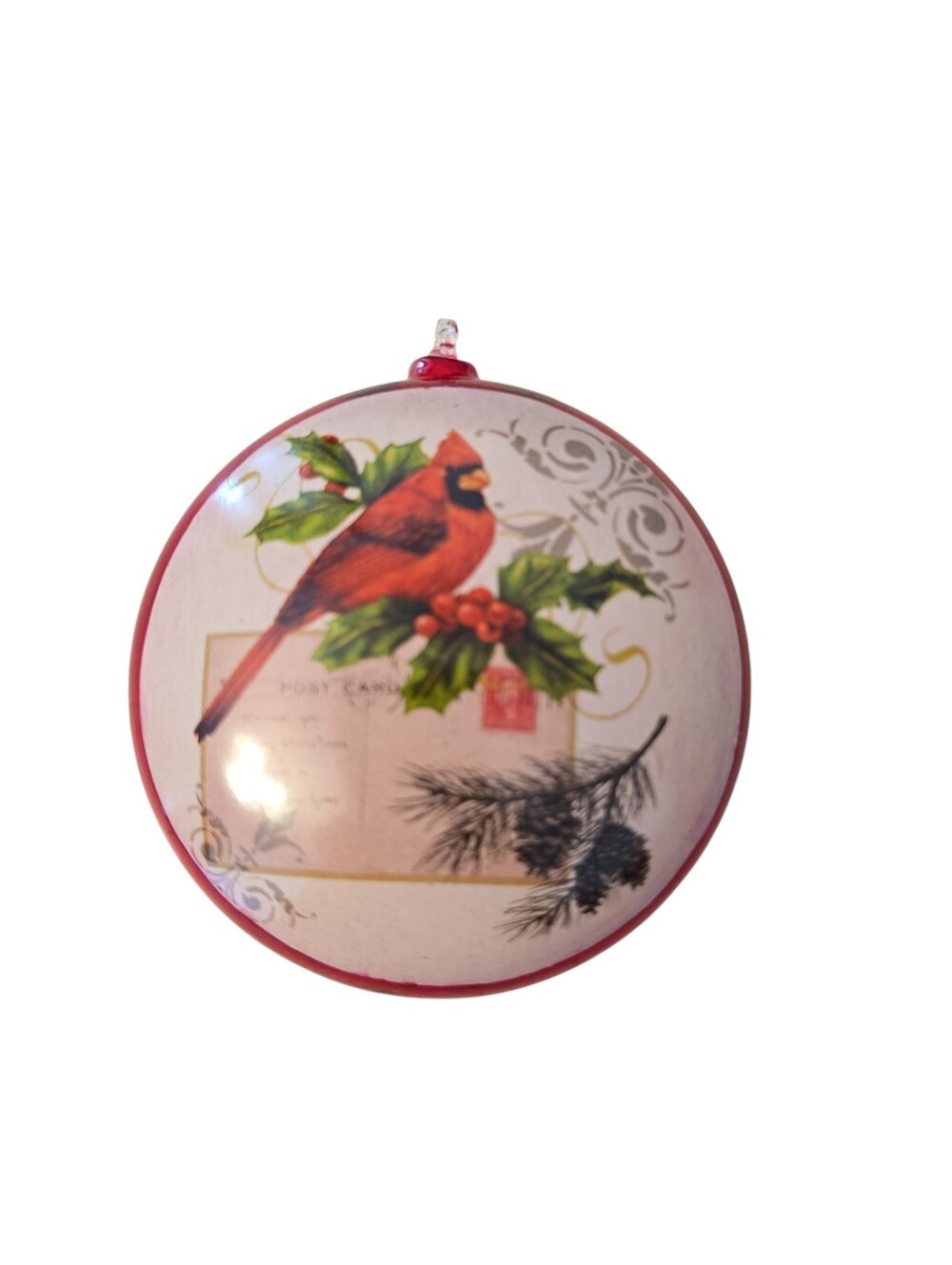 Vintage Red Glass Disc Ornament Cardinal Holly Berry Pinecones Postcard Theme